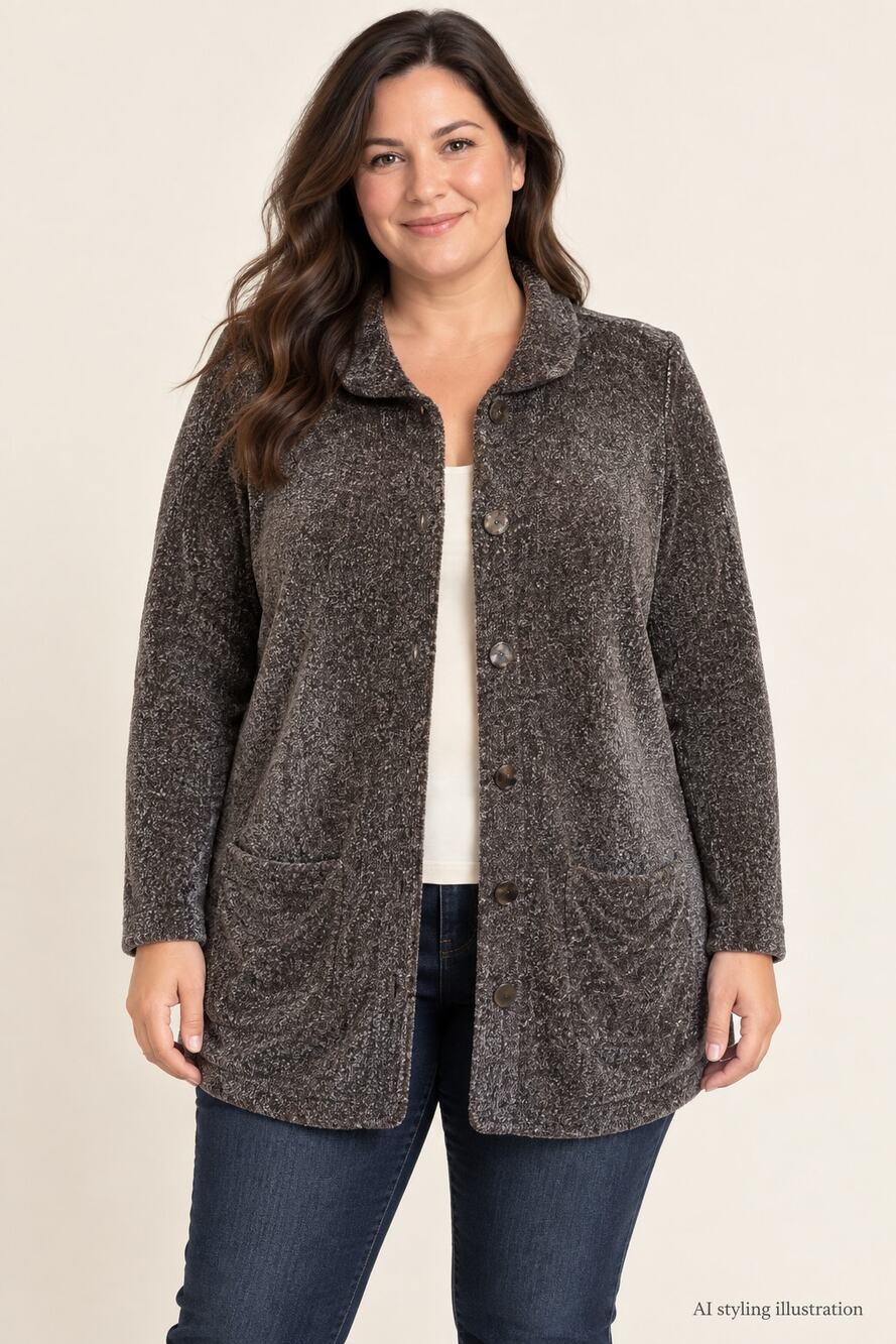 Margaret O'Leary Brown Gray Chenille Button Front Cardigan Size 3 XL